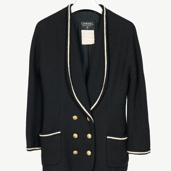 Chanel Boutique 80's Black Wool-Tweed Double-Breasted Blazer - Picture 1 of 9